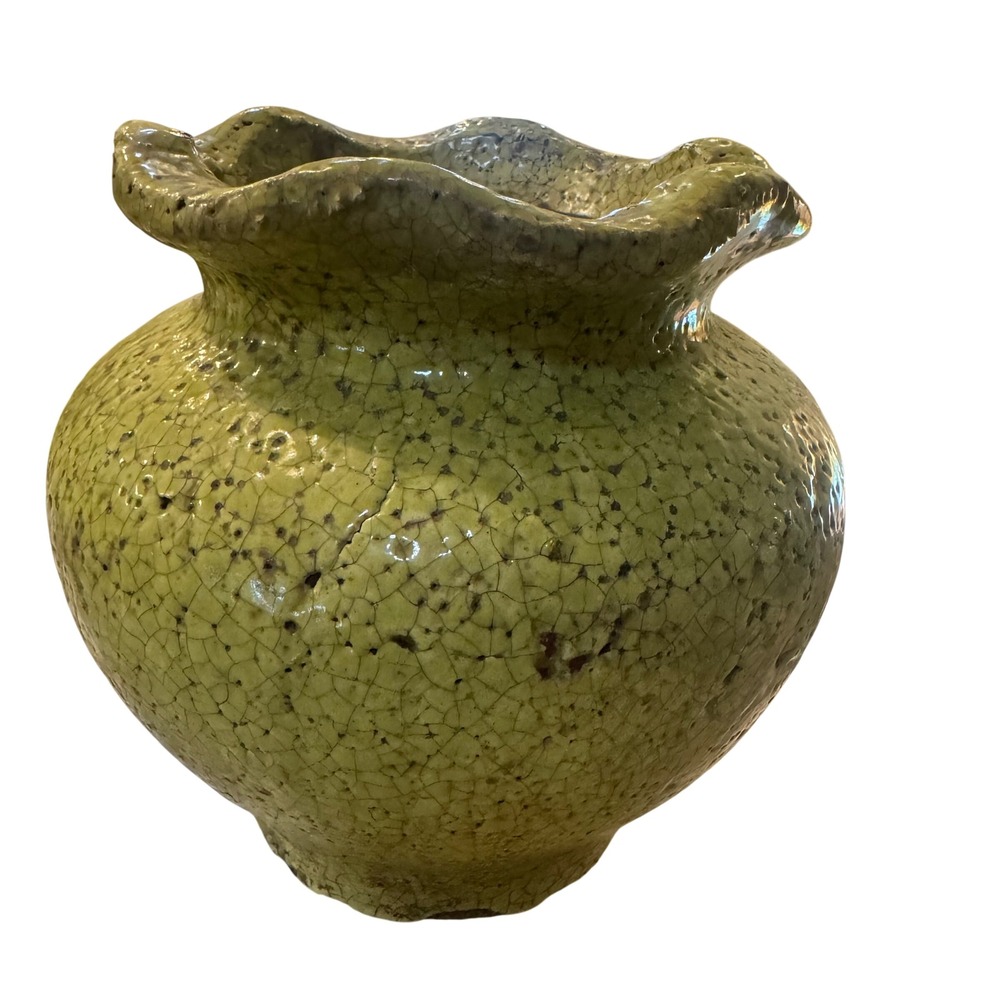 Chartreuse Green Crackle Glaze Ruffled‎ Rim Ceramic Vase Rustic Textured Pottery